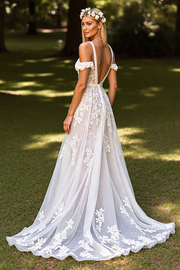 Floral Cold Shoulder White Wedding Dress with Appliques
